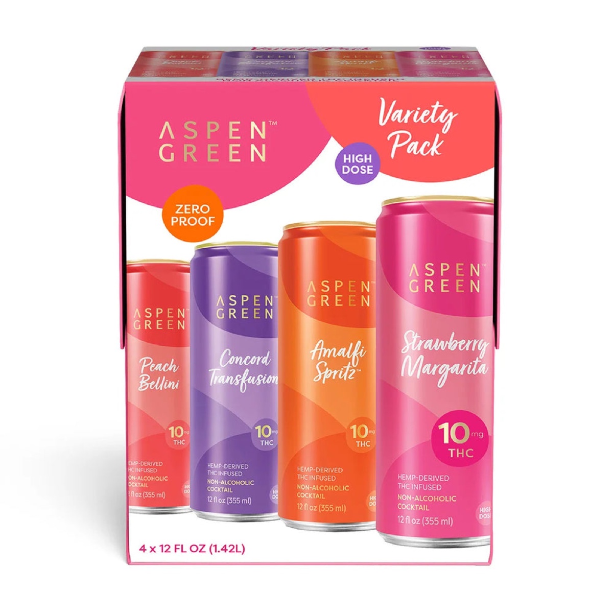 Aspen Green 10mg THC drinks variety pack with Peach Bellini and Amalfi Spritz