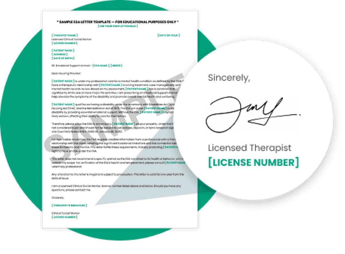 Sample ESA letter with licensed therapist signature and license number