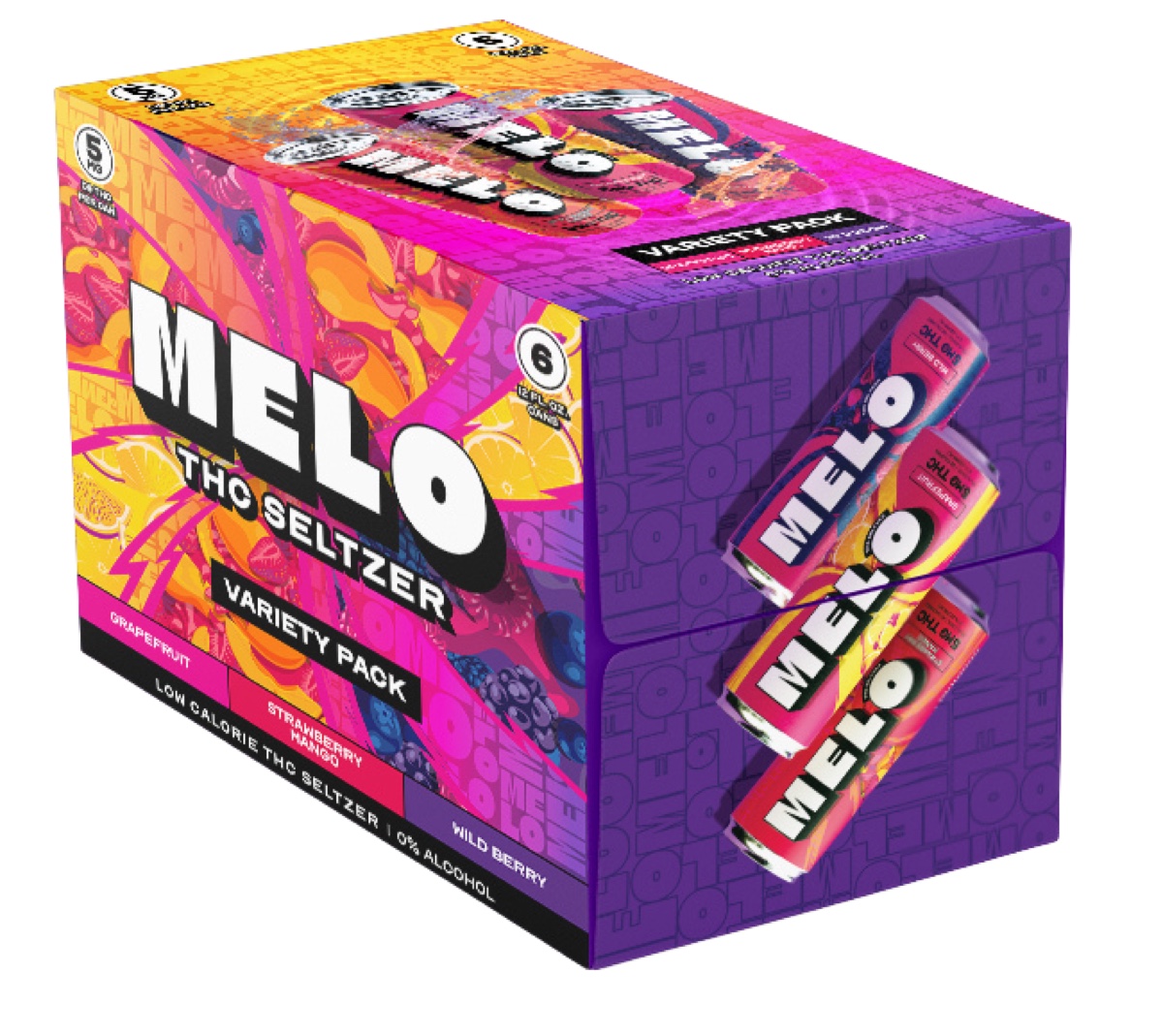 Melo THC seltzer variety pack with Grapefruit, Strawberry Mango and Wild Berry cans