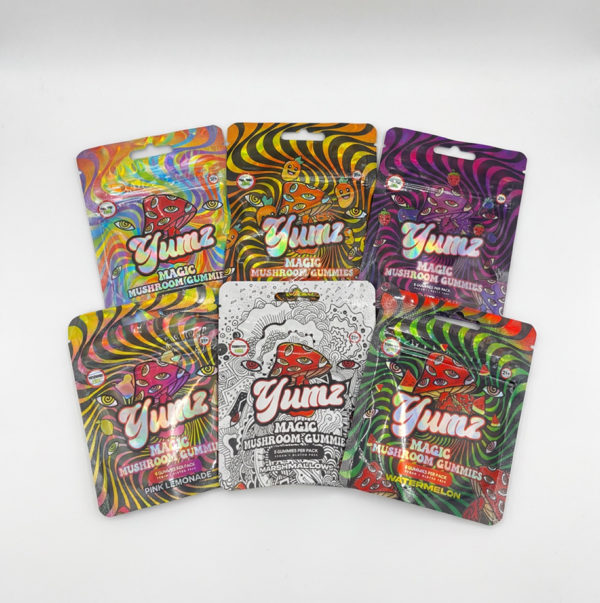 Yumz Lab magic mushroom gummies in six flavor packs